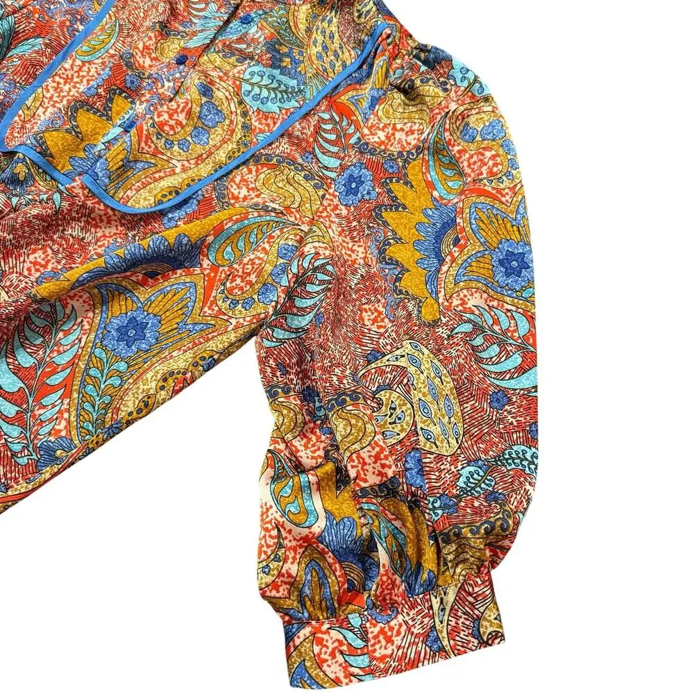 Joy joy Womens silk-like blouse, reds, blues, marigold paisley floral pattern, L